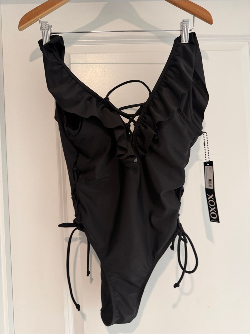 XOXO Black Ruffled Lace-Up One-Piece Swimsuit